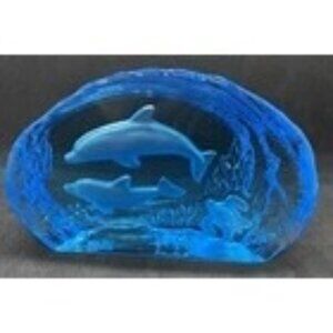 Blue Dolphins Etched Glass Sculpture Paperweight 6.5"x 4.5"x 1.5'' Turtle Wave